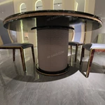 Statement Round Dining Table with Medusa Inlay, Beaded Edge, and Patterned Pedestal